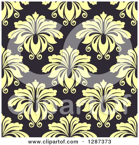 Clipart of a Seamless Background Design Pattern of Vintage Yellow Floral Damask on Dark Gray - Royalty Free Vector Illustration by Vector Tradition SM