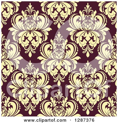 Clipart of a Seamless Background Design Pattern of Vintage Yellow Floral Damask on Brown 3 - Royalty Free Vector Illustration by Vector Tradition SM