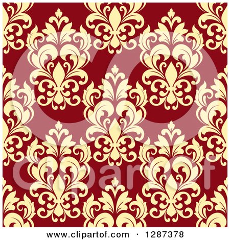 Clipart of a Seamless Background Design Pattern of Vintage Yellow Floral Damask on Brown - Royalty Free Vector Illustration by Vector Tradition SM