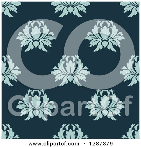 Clipart of a Seamless Background Design Pattern of Vintage Blue Floral Damask on Teal - Royalty Free Vector Illustration by Vector Tradition SM