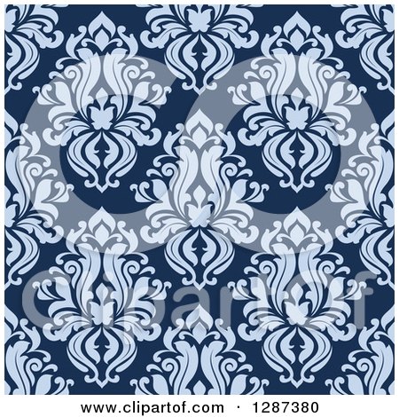 Clipart of a Seamless Background Design Pattern of Vintage Purple Floral Damask on Blue - Royalty Free Vector Illustration by Vector Tradition SM