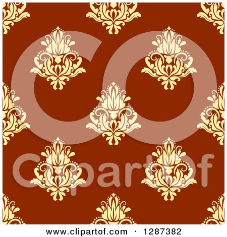 Clipart of a Seamless Background Design Pattern of Vintage Yellow Floral Damask on Brown 2 - Royalty Free Vector Illustration by Vector Tradition SM