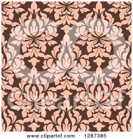 Clipart of a Seamless Background Design Pattern of Vintage Salmon Pink Floral Damask on Brown - Royalty Free Vector Illustration by Vector Tradition SM