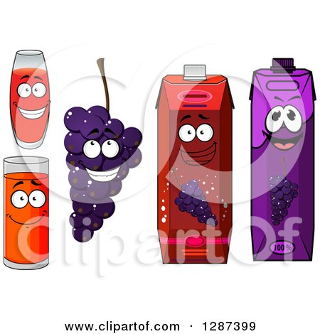 Clipart of a Happy Bunch of Purple Grapes, Juice Glasses and Cartons - Royalty Free Vector Illustration by Vector Tradition SM