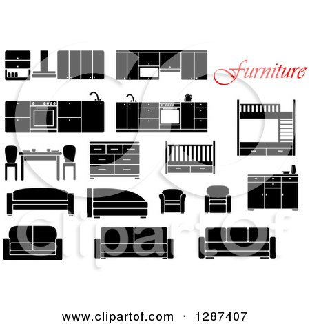 Clipart of Red Text and Black and White Furniture - Royalty Free Vector Illustration by Vector Tradition SM