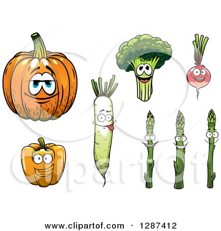 Clipart of Pumpkin, Broccoli, Radish or Beet, Asparagus, Daikon Radish, and Bell Pepper Characters - Royalty Free Vector Illustration by Vector Tradition SM