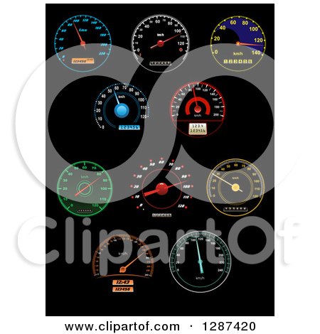 Clipart of Colorful Illuminated Speedometers on Black 3 - Royalty Free Vector Illustration by Vector Tradition SM