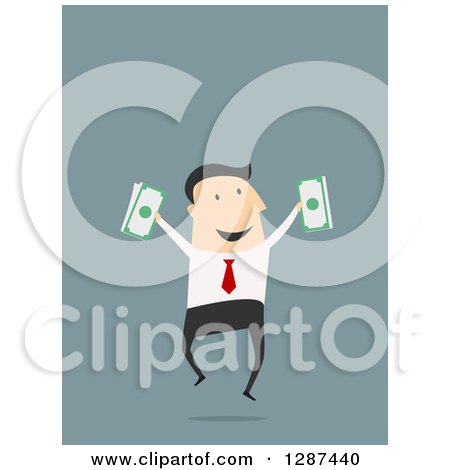 Clipart of a Flat Modern Design Styled White Businessman Jumping with Cash Money, over Blue - Royalty Free Vector Illustration by Vector Tradition SM