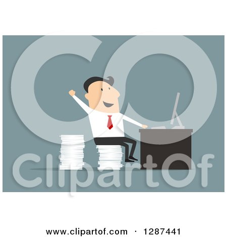 Clipart of a Flat Modern Design Styled White Businessman Cheering and Sitting on a Stack of Paperwork at a Desk, over Blue - Royalty Free Vector Illustration by Vector Tradition SM
