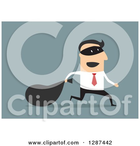 Clipart of a Flat Modern Design Styled White Businessman Robber Running with a Sack, over Blue - Royalty Free Vector Illustration by Vector Tradition SM