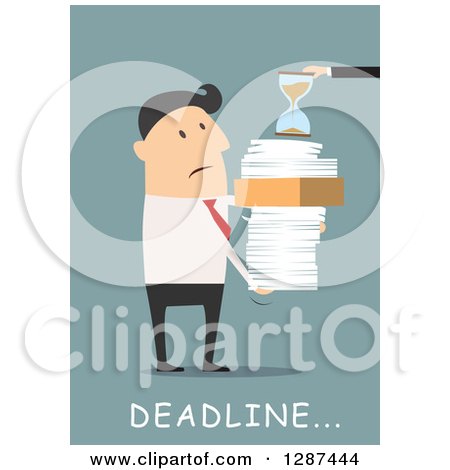 Clipart of a Flat Modern Design Styled White Businessman Receiving a Stack of Paperwork and an Hourglass, over Blue - Royalty Free Vector Illustration by Vector Tradition SM