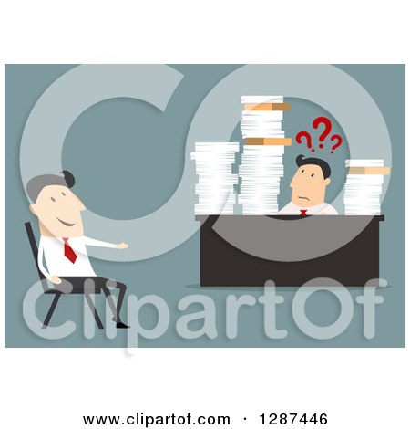 Clipart of a Flat Modern Design Styled White Businessman Talking to a Confused Employee Bombarded with Paperwork, over Blue - Royalty Free Vector Illustration by Vector Tradition SM