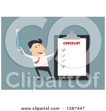 Clipart of a Flat Modern Design Styled White Businessman Holding a Pencil by a Completed Checklist, over Blue - Royalty Free Vector Illustration by Vector Tradition SM