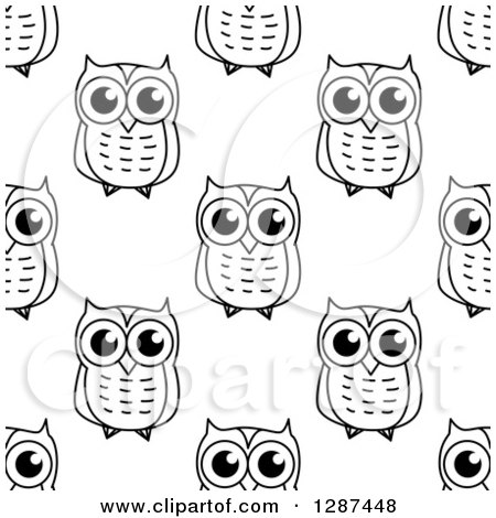 Clipart of a Seamless Background Pattern of Black and White Sketched Owls - Royalty Free Vector Illustration by Vector Tradition SM