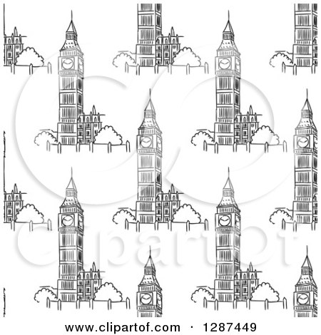 Clipart of a Seamless Background Pattern of Black and White Sketched Big Ben Towers - Royalty Free Vector Illustration by Vector Tradition SM