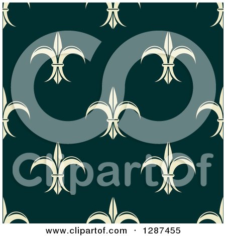 Clipart of a Seamless Pattern Background of Pastel Yellow Fleur De Lis on Teal - Royalty Free Vector Illustration by Vector Tradition SM