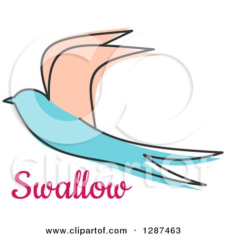Clipart of a Pastel Sketched Salmon Pink and Turquoise Swallow Flying over Pink Text - Royalty Free Vector Illustration by Vector Tradition SM