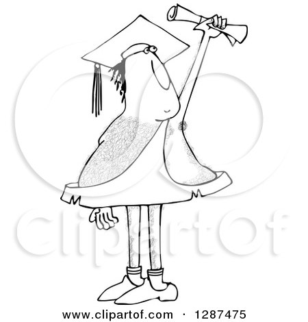 Clipart of a Black and White Hairy Caveman Graduate Holding up a Certificate - Royalty Free Vector Illustration by djart