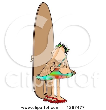 Clipart of a Hairy Caveman Surfer Holding a Thumb up and Standing with a Board - Royalty Free Illustration by djart