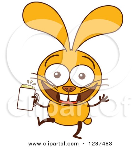 Clipart of a Cartoon Yellow Rabbit Dancing and Holding a Beer - Royalty Free Vector Illustration by Zooco