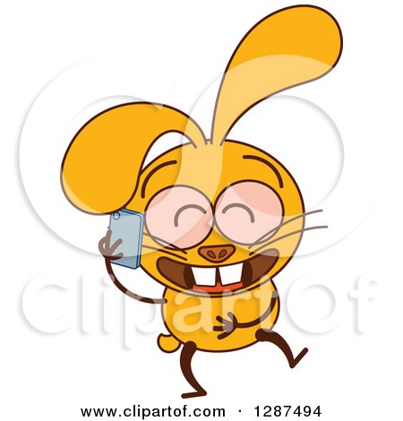 Clipart of a Cartoon Yellow Rabbit Giggling and Talking on a Cell Phone - Royalty Free Vector Illustration by Zooco