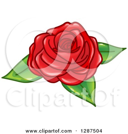 Clipart of a Glossy Red Rose with Green Leaves - Royalty Free Vector Illustration by yayayoyo