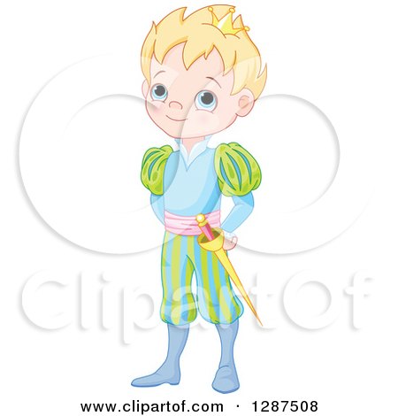Clipart of a Cute, Blue Eyed, Blond Caucasian Prince in a Colorful Uniform - Royalty Free Vector Illustration by Pushkin