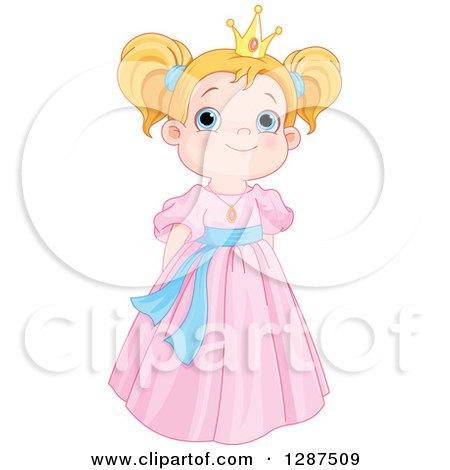 Clipart of a Cute, Blue Eyed, Strawberry Blond Caucasian Princess in a Pink Dress - Royalty Free Vector Illustration by Pushkin