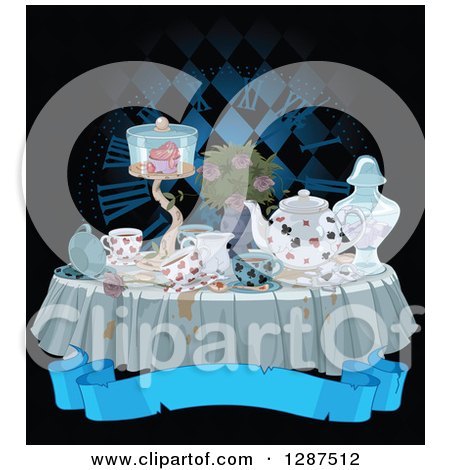 Clipart of a Dark, Messy Tea Party Table with a Clock and Blank Banner on Black - Royalty Free Vector Illustration by Pushkin