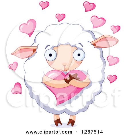 Clipart of a Cute Fluffy White Sheep Hugging a Heart with Pink Hearts - Royalty Free Vector Illustration by Pushkin