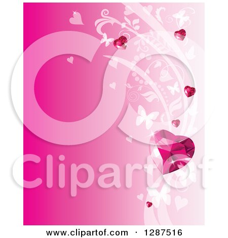 Clipart of a Pink Valentine Background with Gem Hearts, White Vines and Butterflies with Text Space - Royalty Free Vector Illustration by Pushkin