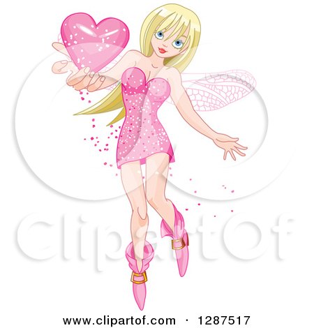 Clipart of a Blond Haired, Blue Eyed, White Female Fairy Holding out a Pink Love Heart - Royalty Free Vector Illustration by Pushkin