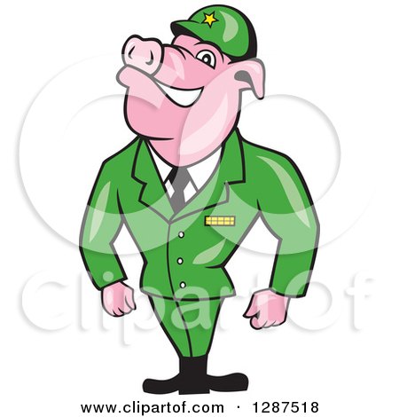 Clipart of a Cartoon WWII Pig Soldier in a Green Univorm - Royalty Free Vector Illustration by patrimonio