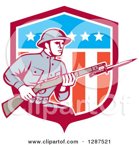 Clipart of a Retro World War One American Soldier with a Bayonet and Rifle in an American Shield - Royalty Free Vector Illustration by patrimonio