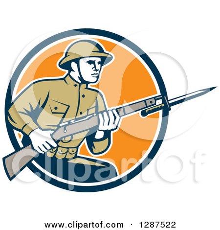 Clipart of a Retro World War One American Soldier with a Bayonet and Rifle in a Navy Blue, White and Orange Circle - Royalty Free Vector Illustration by patrimonio