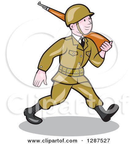 Clipart of a Cartoon World War II American Soldier Marching with a Rifle - Royalty Free Vector Illustration by patrimonio
