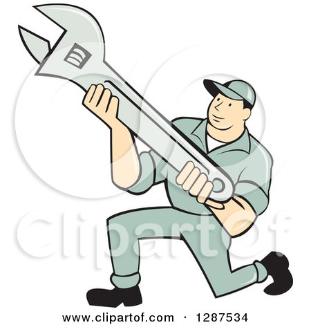 Clipart of a Retro Cartoon Male Mechanic Kneeling and Holding an Adjustable Wrench - Royalty Free Vector Illustration by patrimonio