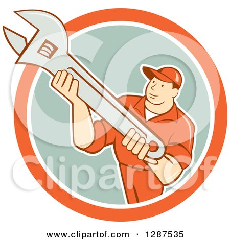 Clipart of a Retro Cartoon Male Mechanic Holding an Adjustable Wrench in an Orange White and Pastel Green Circle - Royalty Free Vector Illustration by patrimonio