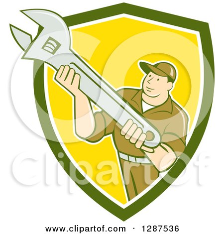 Clipart of a Retro Cartoon Male Mechanic Holding an Adjustable Wrench in a Green White and Yellow Shield - Royalty Free Vector Illustration by patrimonio