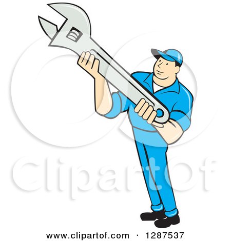 Clipart of a Retro Cartoon Male Mechanic Holding an Adjustable Wrench - Royalty Free Vector Illustration by patrimonio
