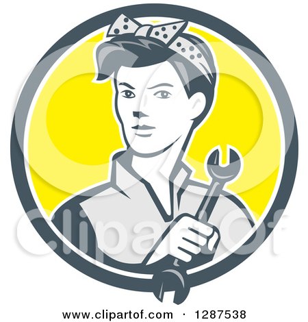 Clipart of a Retro Female Mechanic Holding a Wrench in a Gray White and Yellow Circle - Royalty Free Vector Illustration by patrimonio