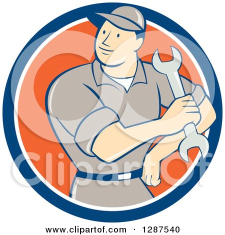 Clipart of a Retro Cartoon Male Mechanic Holding a Wrench in a Blue White and Orange Circle - Royalty Free Vector Illustration by patrimonio
