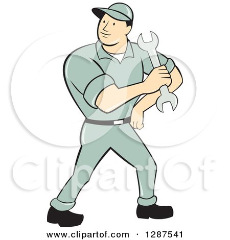 Clipart of a Full Length Retro Cartoon Male Mechanic Holding a Wrench - Royalty Free Vector Illustration by patrimonio