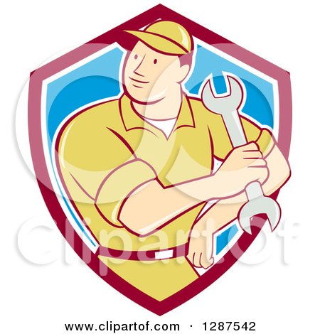 Clipart of a Retro Cartoon Male Mechanic Holding a Wrench in a Maroon White and Blue Shield - Royalty Free Vector Illustration by patrimonio