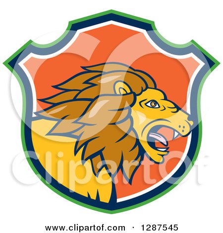 Clipart of a Cartoon Roaring Male Lion Head in a Green Blue White and Orange Shield - Royalty Free Vector Illustration by patrimonio