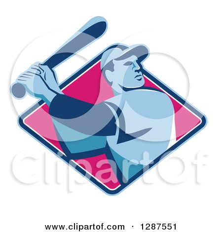 Clipart of a Retro Male Baseball Player Batting Inside a Blue White and Pink Diamond - Royalty Free Vector Illustration by patrimonio