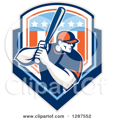 Clipart of a Retro Male Baseball Player Batting Inside a Patriotic American Shield - Royalty Free Vector Illustration by patrimonio