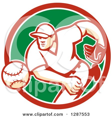 Clipart of a Retro Male Baseball Player Pitching in a Red White and Green Circle - Royalty Free Vector Illustration by patrimonio