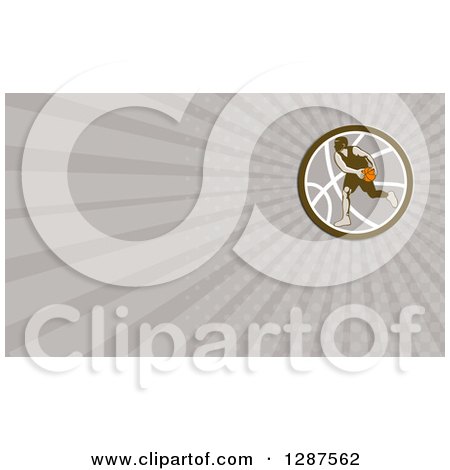 Clipart of a Retro Basketball Player and Gray Rays Background or Business Card Design - Royalty Free Illustration by patrimonio
