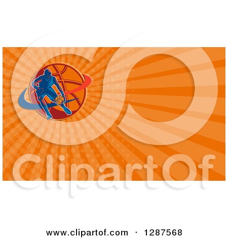 Clipart of a Retro Woodcut Basketball Player Dribbling and Orange Rays Background or Business Card Design - Royalty Free Illustration by patrimonio